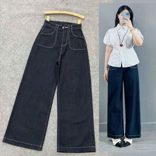 Quần jean bigsize nữ phom xuông lưng cao tôn dáng phối viền túi vintage basic cổ điển size 50-93kg - Q544