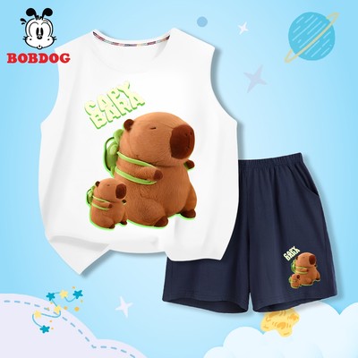 Set đồ bé trai BOBDOG in hình capybara cute, áo ba lỗ quần thun cotton co giãn cho bé mặc hè BD-KS52