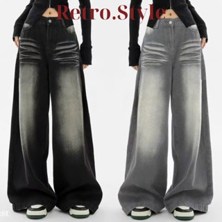  Quần Jeans Nữ Ống Đứng Dáng Suông RETRO Style Màu Khói Cạp Trễ Cổ Điển SMOKE LOOSE PLEAT WIDE JEANS 