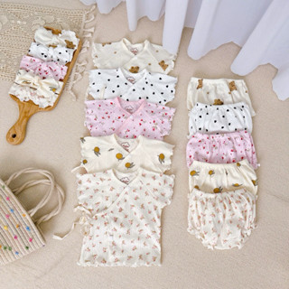 Bộc cộc nền kem nhúm bèo bé gái sơ sinh quần bí ngô kèm turban Anchee chất thông hơi mềm mịn mát co dãn bốn chiều