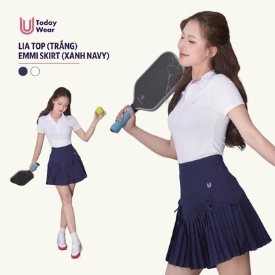 Set bộ đồ thể thao nữ áo phông Lia Top trắng mix chân váy Emmi Skirt xanh navy Today U Wear tennis pickleball
