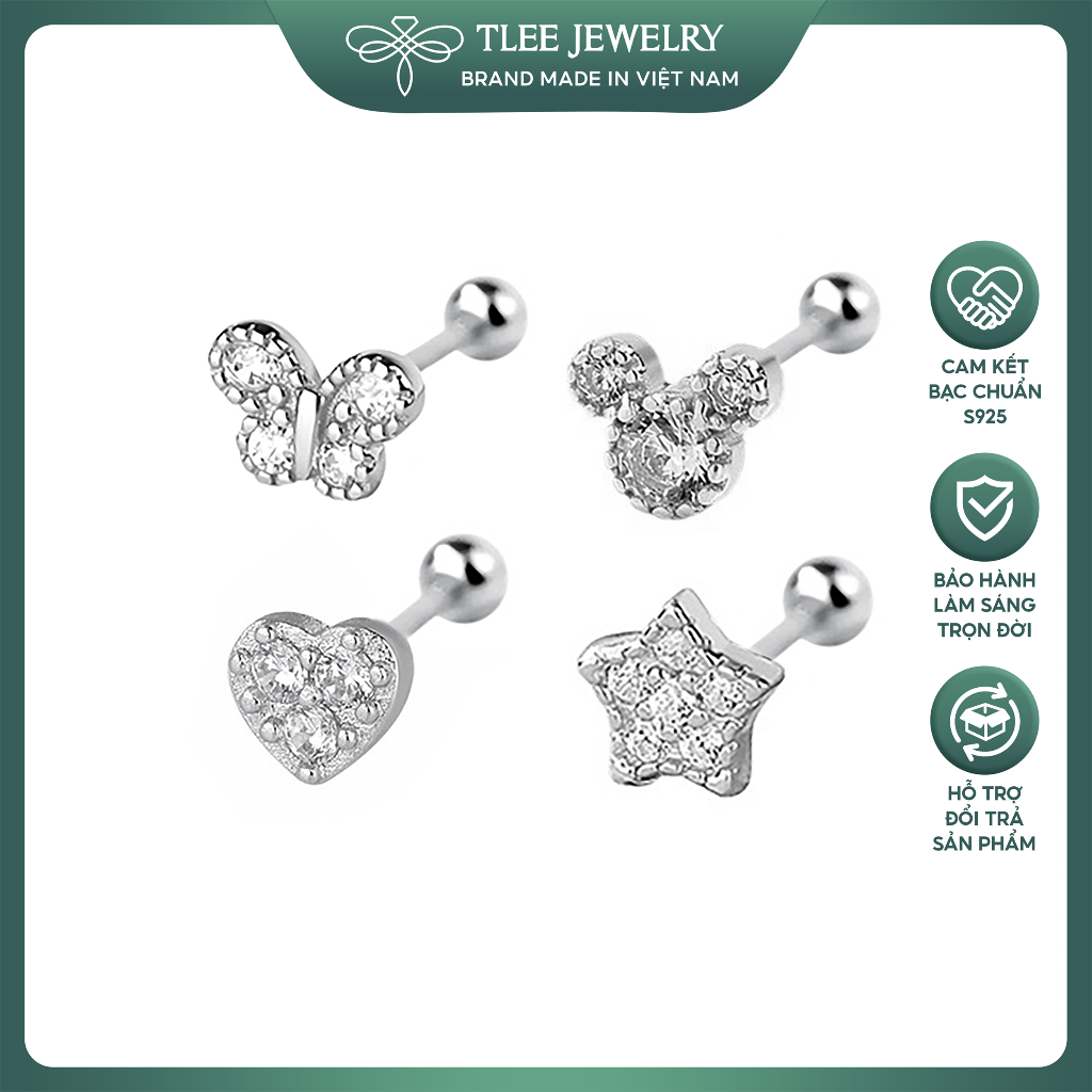 Khuyên tai bạc nữ TLEE dáng xỏ nhiều hình mặt đính đá chốt ren bi TLEE JEWELRY B0557