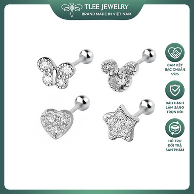 Khuyên tai bạc nữ TLEE dáng xỏ nhiều hình mặt đính đá chốt ren bi TLEE JEWELRY B0557