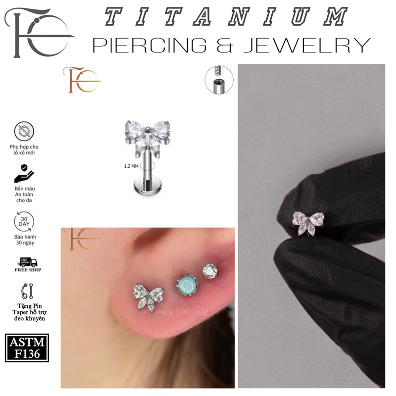 Khuyên Tai Titanium F136 Hoạ Tiết Nơ Đá