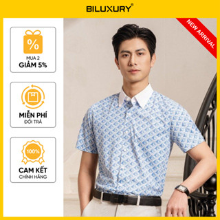 [SALE 50%] Áo Sơ Mi Nam Ngắn Tay Xanh 9SMCH530XAH Biluxury Hoạ Tiết Kháng Khuẩn Bền Màu