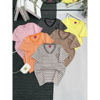 Áo Thun Nữ Phom Vừa Cổ Tim Phối sọc Thêu Ngựa Tay ngắn 6m ( Sọc Thêu ngựa Cổ Tim A.H )