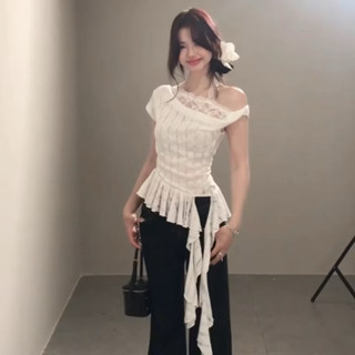 [ A-20 ] Áo len rách lệch vai phối ren tua rua chất len mỏng