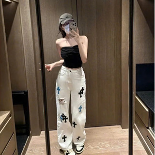  Quần jean suông trắng họa tiết chữ thập cá tính Quần ống rộng trắng chrome hot hit  HC70  