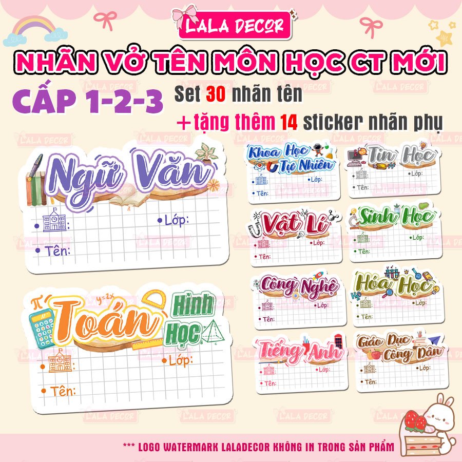 Nhãn Vở Môn Học Chương Trình Mới Lớp 1 đến 12 🎀 Bộ 30 Nhãn Vở Cute Theo Tên Môn Học Tặng Kèm Sticker