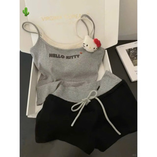  SÉT bộ Áo 2 dây HELLO KITTY   có mút - kèm gấu  + quần short đùi l ngắn đai thun QT hắc dáng hằng ngày nữ - Thiên yết 
