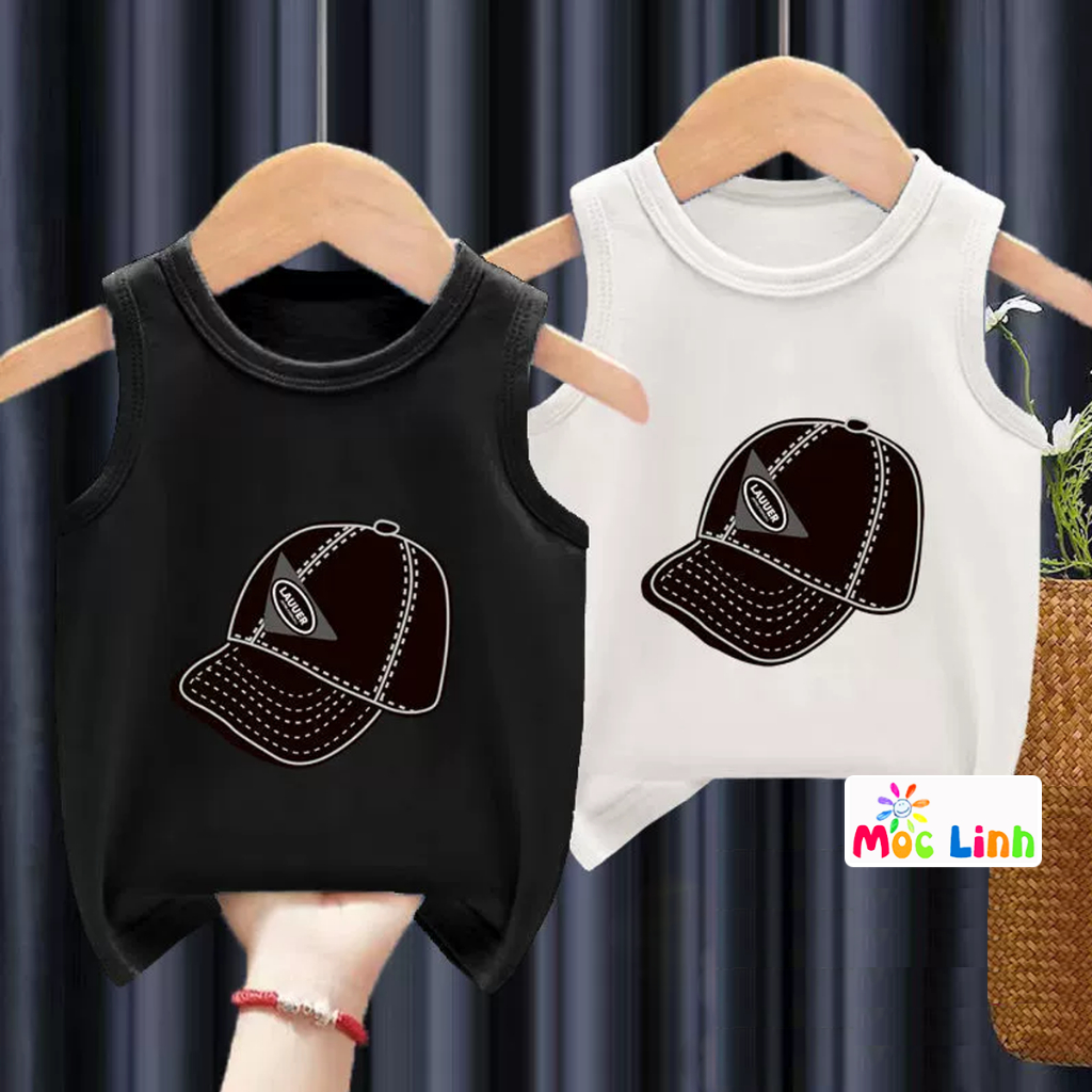 Áo ba lỗ bé trai in hình mũ chất cotton zip mềm mát, áo thun 3 lỗ cho bé trai
