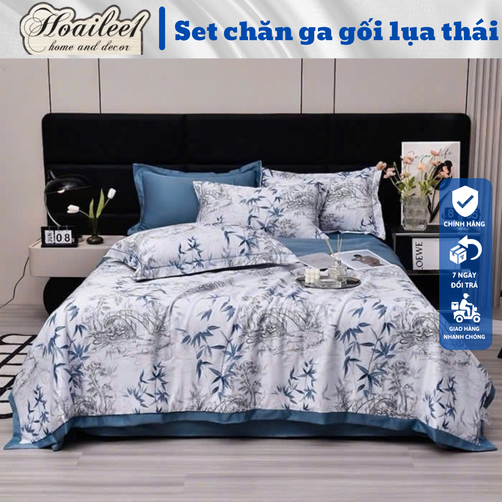 Bộ chăn ga gối hè lụa thái chất liệu lụa thoáng mát sờ mướt tay hàng nhập khẩu kích thước 2mx2m2