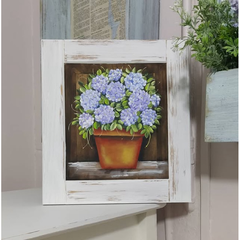 Tranh gỗ hoa cẩm tú cầu 40x40 cm, tranh decor