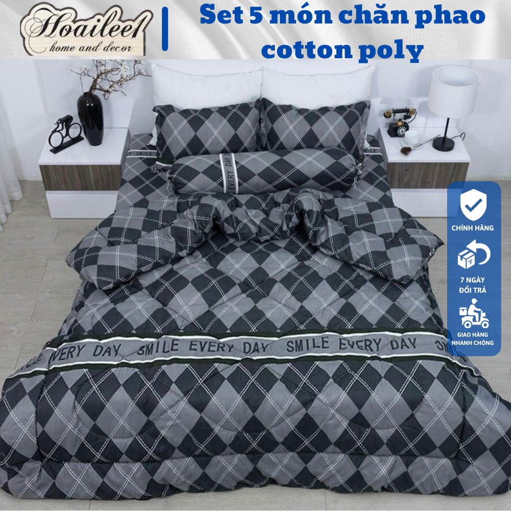 Trọn bộ 5 món ga gối chăn phao poly cotton có ruột bông dày loại 1 đủ kích thước m6 m8 2m