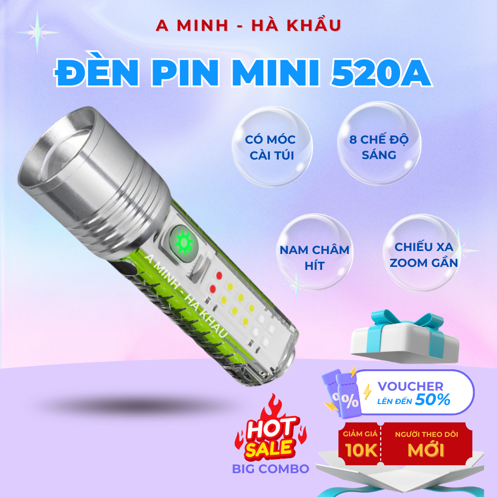 Đèn Pin Mini Móc Khóa 520 Pro – Soi Tiền, Đèn Sạc Đa Năng Nhỏ Gọn