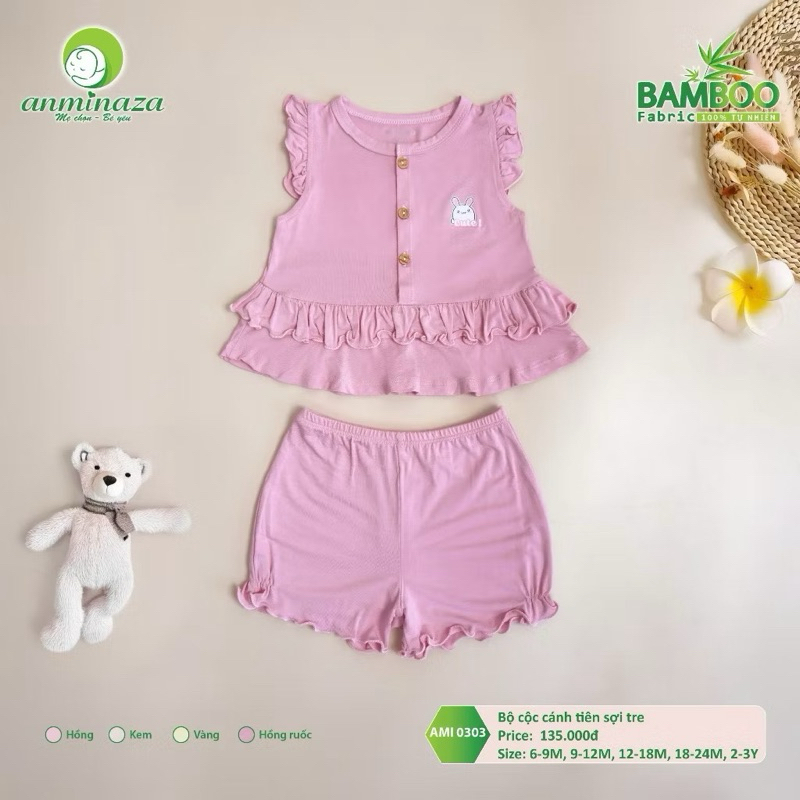 Bộ cộc tay cánh tiên phối bèo hãng Aminaza chất sợi tre mềm mát thấm hút mồ hôi cho bé