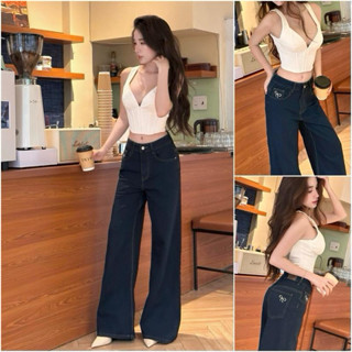 MYUN - Quần Jean Nữ đáy ngắn Ống Rộng Loe (Ống 34cm)Thêu Nơ, Quần Bò Loe Cạp Trễ Denim Xanh Đen Jean Cotton JL0003 Women