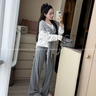  Set bộ áo thun tay dài kèm khăn mix quần suông dáng dài Shopnhameo 