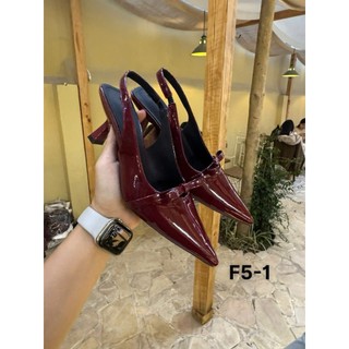 Giày cao gót bít mũi nhọn 5p phối nơ ngang hở gót da bóng, kiểu dáng thanh lịch chuẩn form F5-1