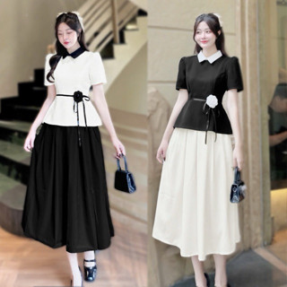 (S280) CÓ TÁCH LẺ- Set áo peplum cổ sơmi kèm chân váy xếp ly midi dài tay phồng thắt nơ eo hông