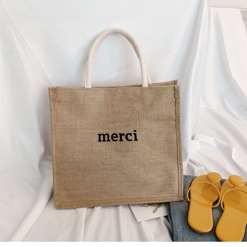 Túi xách cói Merci có tấm lót đáy giữ form phong cách Vintage (HOẢ TỐC) - Túi cối du lịch to dày dặn xách đi biển LOẠI 1