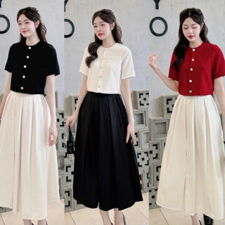 (S272)Có tách lẻ- Set áo croptop cổ tròn đính nút kèm chân váy dài xếp ly, đi chơi, đi làm, đi tiệc