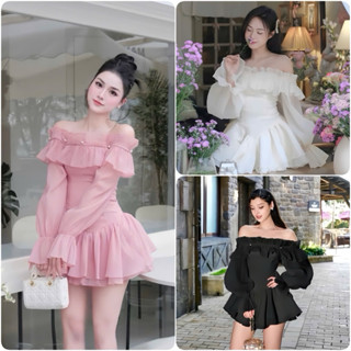 Váy Trễ Vai Gắn Ngọc Tiểu Thư Bánh Bèo Dáng Xoè 2 Tầng Chất Tơ Xốp Kèm Quần Bảo Hộ