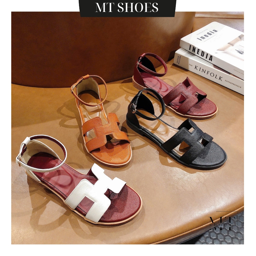 Giày Sandal Nữ Đế Bệt Bản H Thời Trang Form Chuẩn Đẹp Chất Da Hạt Mềm Êm MT Shoes SD042