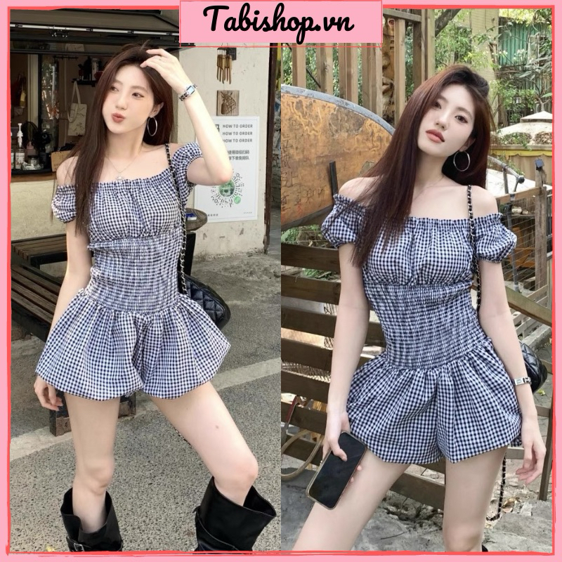 jumsuit nữ trễ vai form bí hoạ tiết caro TABISHOP Bộ đồ nữ thiết kế ôm eo tôn dáng mặc hè đi chơi(130)