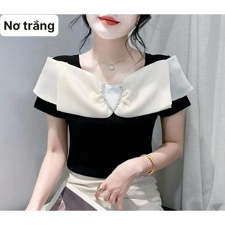  Áo thun cổ vuông phối nơ đính đá mẫu mới 2025 trẻ trung thanh lịch 