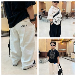 Quần Dài Kaki Đen Trắng Thêu Chữ Máy Chỉ Nổi Cho Bé Trai, From Dáng Rộng Rãi Hàn Quốc 2025 Size 18-38kg B0032