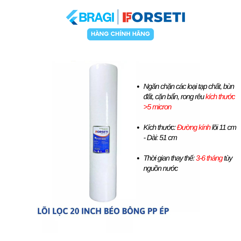 Lõi Lọc FORSETI 20 Inch Béo Đầu Nguồn PP5 Lọc Hiệu Quả Bụi Bẩn Trên 5 Micromet
