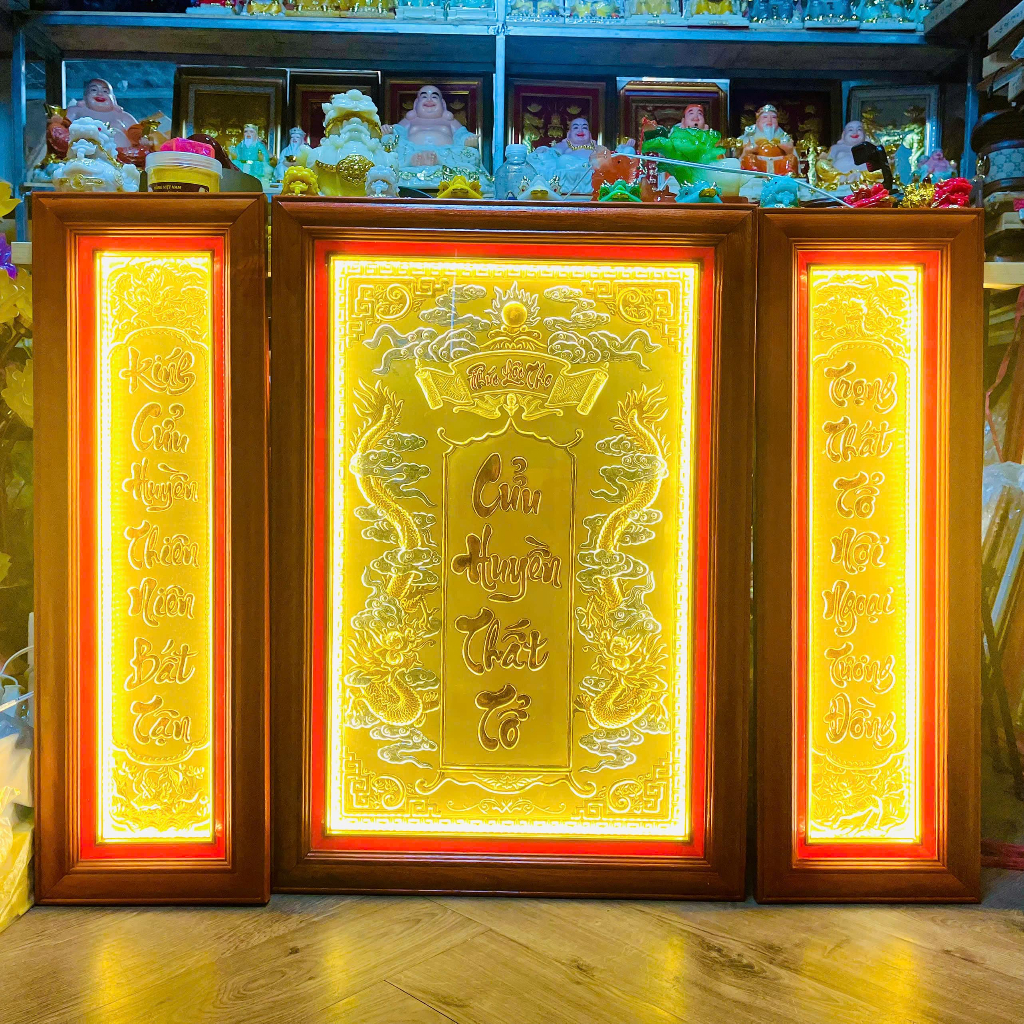 Cửu Huyền Thất Tổ Bằng Đồng, Khung gỗ – Có đèn Ngang 108cm x Cao 81cm