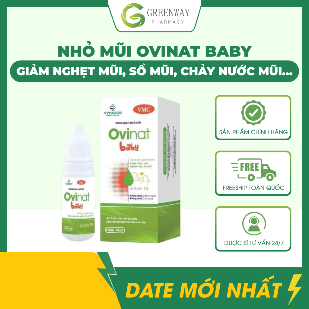 Nhỏ mũi Ovinat baby không chất co mạch, an toàn cho trẻ sơ sinh, phụ nữ có thai và cho con bú 10ml