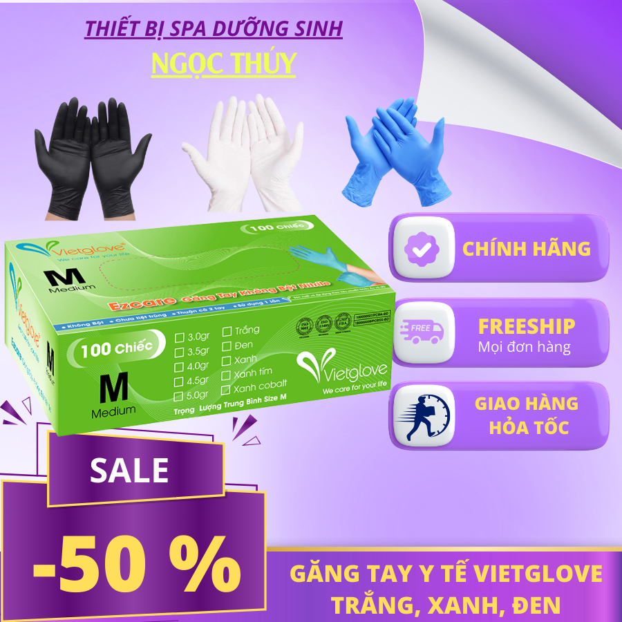 Găng tay y tế, Găng tay không bột VIETGLOVE 3 màu Trắng/Xanh/Đen sử dụng tiện lợi