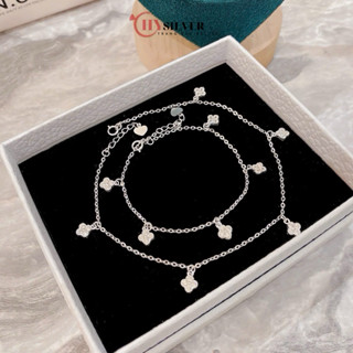 Set lắc tay lắc chân CHY SILVER 5 charm cỏ 4 lá mini bạc thật