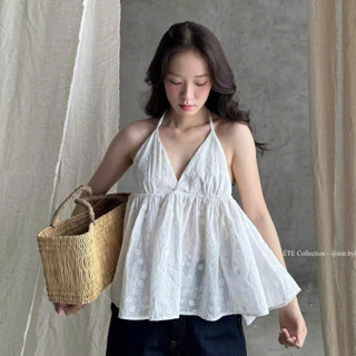 Áo Cổ Yếm Cột Dây Hở Lưng, Áo 2 Dây Babydoll Ren Hoa Form Bồng Cột Dây Lưng SAN Clothings - P123