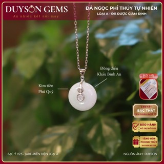 Dây chuyền phỉ thúy bạch ngọc tự nhiên Jade Type A đồng điếu khấu bình an mix kim tiền, dây bạc 925