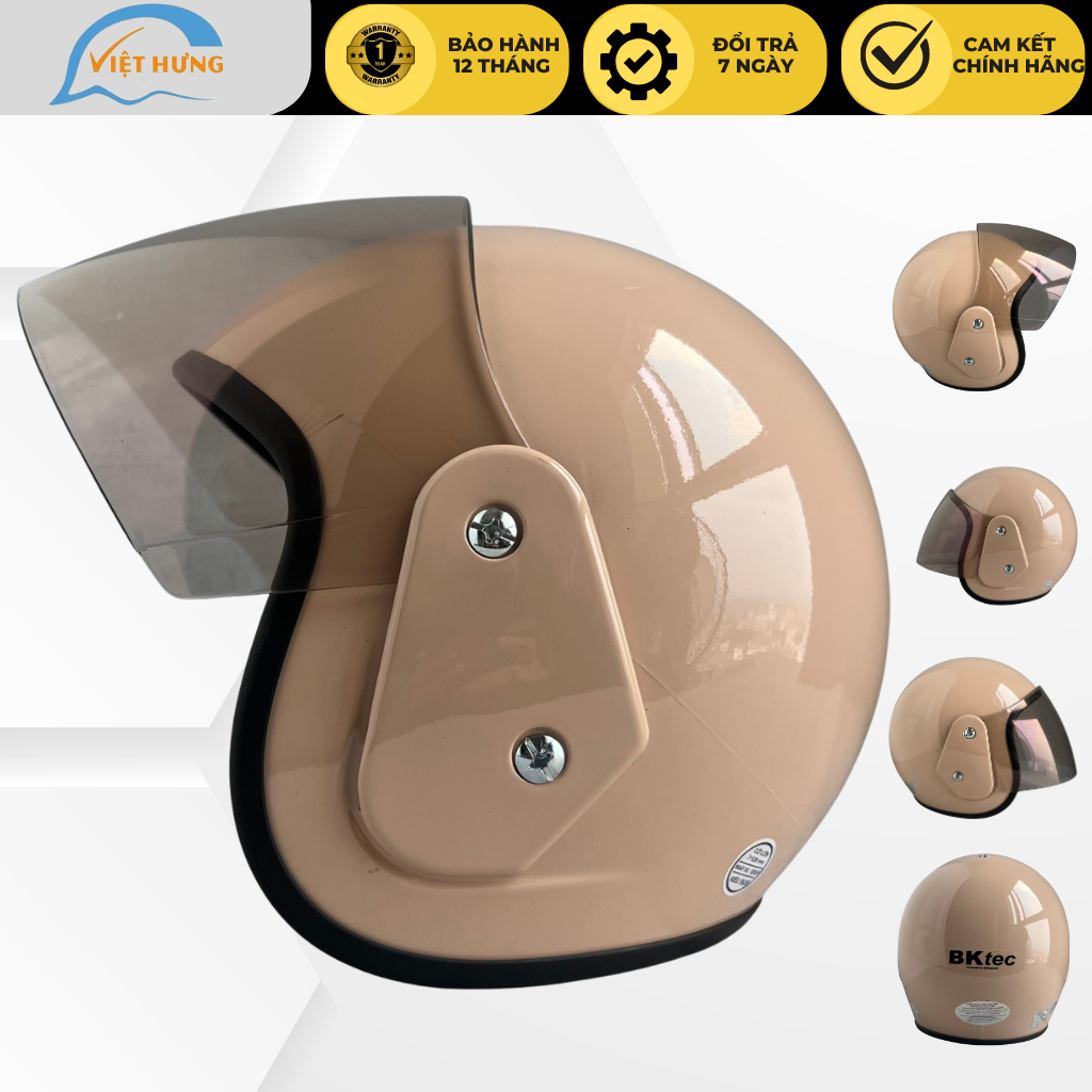 Mũ Bảo Hiểm Trùm 3/4 Đầu Bktec Bk19 Màu Kem Bóng - Vòng đầu 56-58cm - Hàng Chính Hãng - Bảo Hành 12 