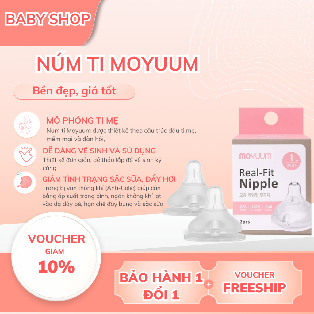 Núm Ti Bình Sữa Moyuum Cho Bé – Mềm Mại, Chống Sặc, Bé Ti Nhẹ Nhàng