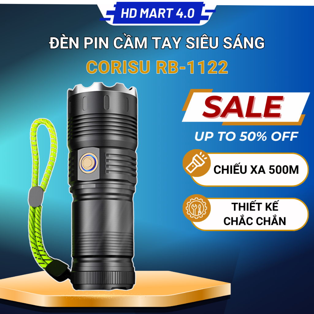 Đèn bin siêu sáng CORISU RB1122 có zoom xa gần chiếu xa 500m cổng usb sạc ngược cho điện thoại