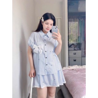 Set bộ bầu áo sơ mi sọc đính nơ phối chân váy cho nàng bầu siêu xinh, váy bầu màu xanh dương [ĐẦM BẦU THỎ] _MS515