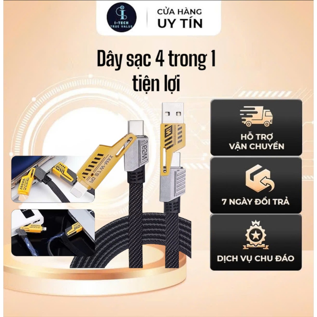 Cáp Sạc Nhanh Aromax 4 Trong 1 Dây Dù Dài 1.2m Hỗ Trợ Sạc Đa Năng Cho Điện Thoại, Laptop