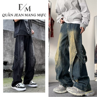 Quần Jean Nam Nữ Mang Mực Phối Dây Suông Ống Rộng Quần Jean Unisex Mang Mực Phong Cách HIPHOP FOXYMAN