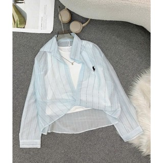   Tặng Áo Trong  Áo Sơ Mi Nữ Voan Sọc Pastel Tay Dài Hình Thêu Ngựa Dáng Lửng Xoắn 
