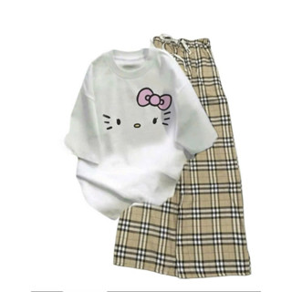    Rẻ Vô Địch   Sét Bộ Nữ Quần Ống Rộng Kẻ Caro Vàng BBR + Mix Áo Phông Form Rộng 