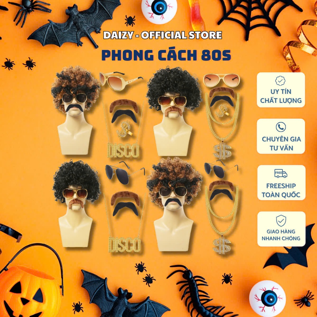 Combo Hóa Trang Nam Phong Cách Thập Niên 80s Gồm Tóc Giả, Kính, Râu, Dây Chuyền