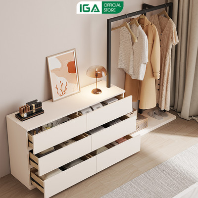 Tủ đựng đồ 6 ngăn kéo kèm giá treo quần áo tiện lợi cho phòng ngủ thương hiệu IGA - GM216