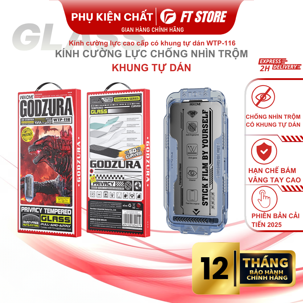 Kính cường lực Godzura WTP-116 Chống Nhìn Trộm có Khung Tự Dán, Chống Vân Tay hiệu quả, mới nhất