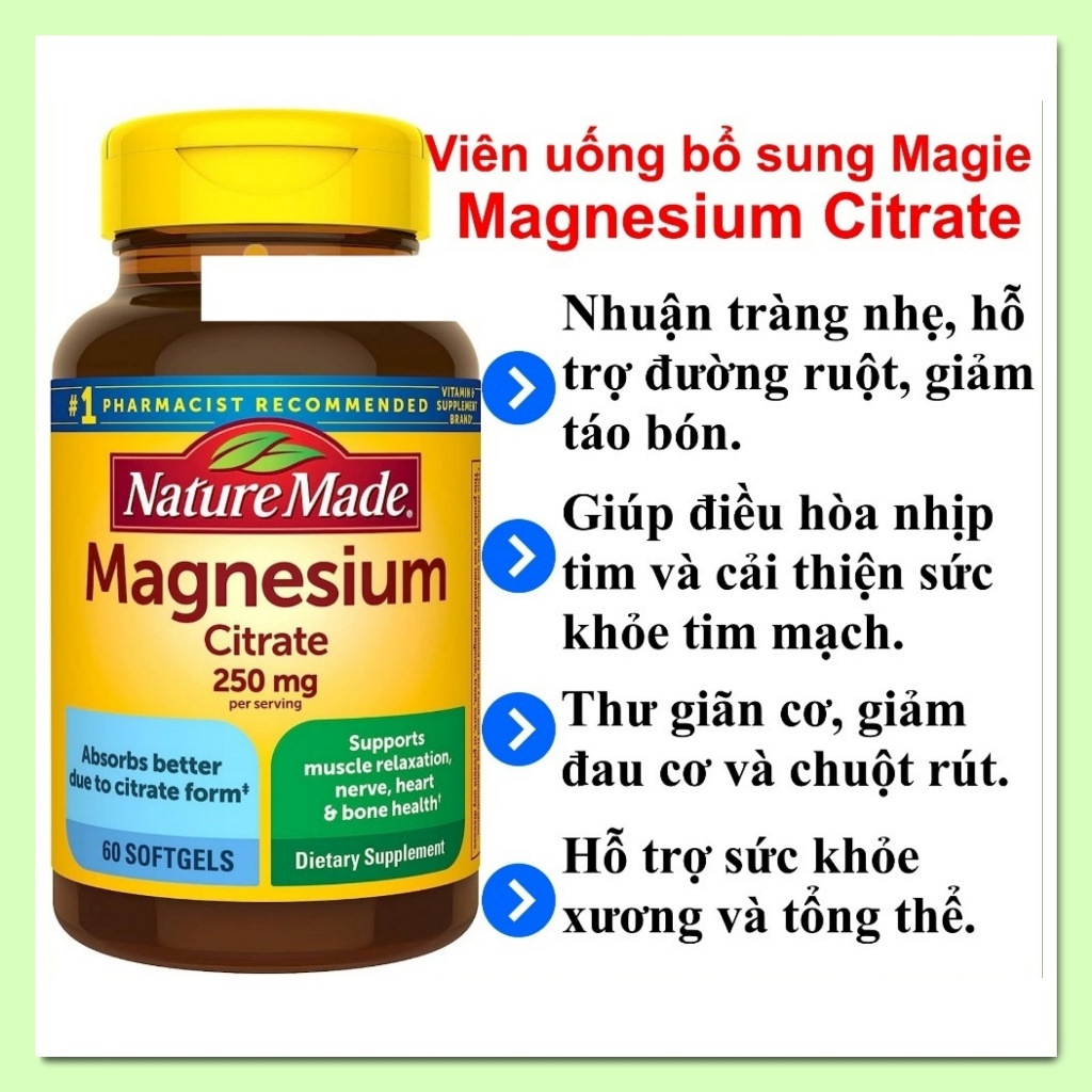 Viên uống Magie Citrate 250mg Nature Made Magnesium [Hàng Mỹ]